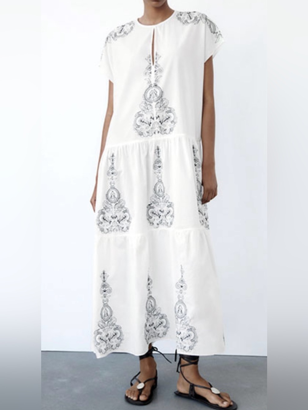 Zara White Dress with Black Floral Scroll Embroidery